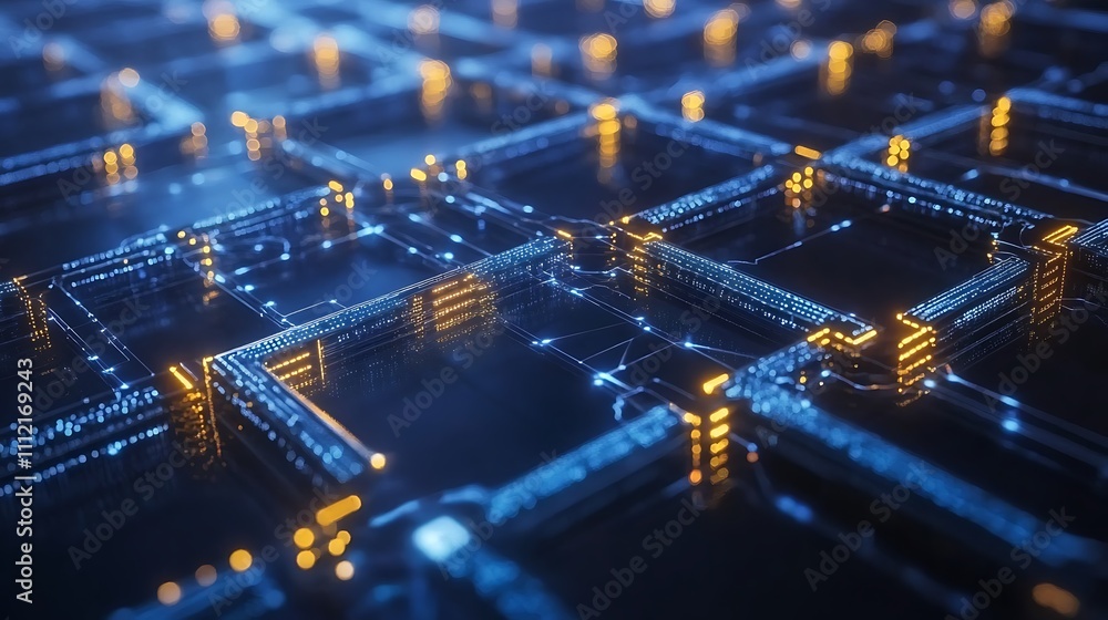 Aufkleber abstract digital circuit with futuristic connection network in blue gold color for future communicat