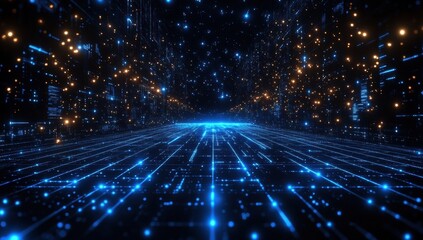 Obraz premium Digital data and binary code background with an abstract, glowing cityscape on a dark blue, hi-tech concept