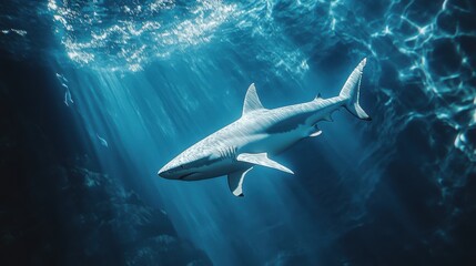 Fototapeta premium Majestic Shark Swimming Gracefully Beneath Sunlit Ocean Surface with Rays of Light Illuminating its Sleek Body and Surrounding Marine Environment