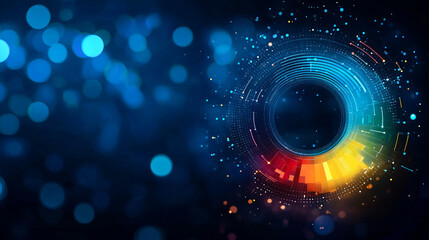 Obraz premium vibrant digital abstract with circular pattern of colorful bars and dots on dark blue background, evoking sense of technology and innovation