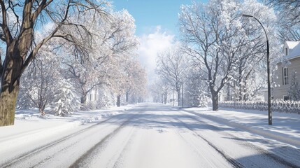 Obraz premium Serene Winter Wonderland - A Photorealistic View of Snow-Covered Street for Peaceful Reflection | Ultra-Detailed Painting