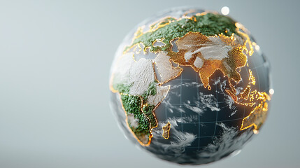 digital globe with glowing data streams and illuminated continents, showcasing global connectivity and technology. image highlights intricate network of information flow across world