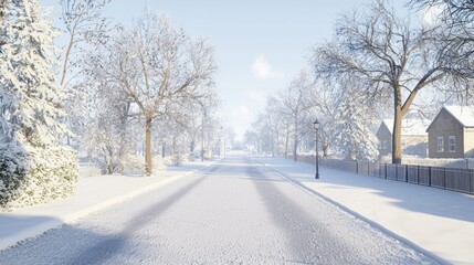 Obraz premium Tranquil Winter Morning: Photorealistic Image of Serene Snow-Covered Street for Peaceful Reflection | Ultra-Detailed Scene
