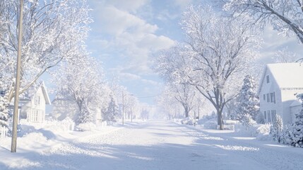 Naklejka premium Serene Winter Morning: Tranquil Street Covered in Fresh Snow - Ultra-Detailed Photorealistic Scene for Peaceful Reflection