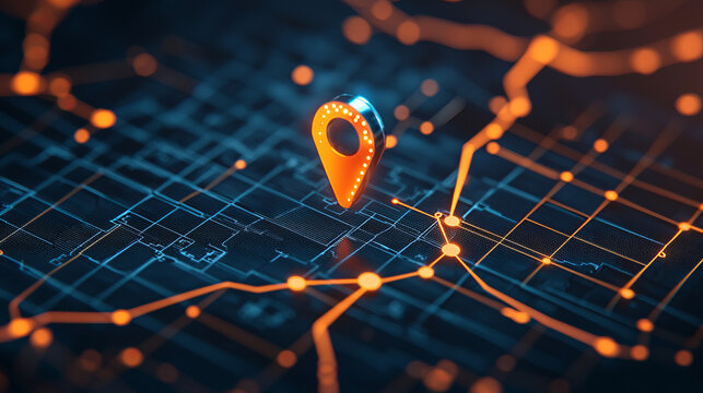 digital map with glowing location pin highlights real time route adjustments, showcasing advanced navigation technology. vibrant colors and dynamic design emphasize innovation and connectivity