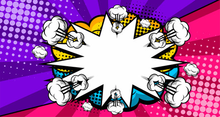 Abstract creative concept comic pop art style blank, layout template with clouds beams and isolated dots background. empty speech bubble, vector illustration halftone book design