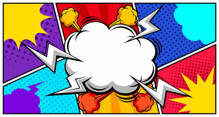 Abstract creative concept comic pop art style blank, layout template with clouds beams and isolated dots background. empty speech bubble, vector illustration halftone book design