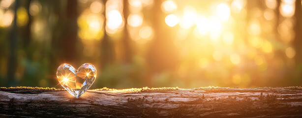 Obraz premium glowing heart shaped crystal rests on log, illuminated by warm sunlight in serene forest setting. tranquil atmosphere enhances beauty of nature and crystal sparkle