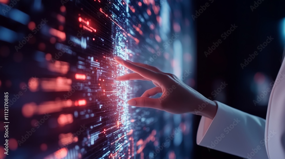 Poster futuristic hand interaction with a glowing digital interface in a dark environment