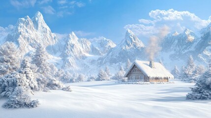 Tranquil Winter Retreat: Cozy Cabin in Snow-Covered Mountains | Ultra-Detailed Photorealistic Scene