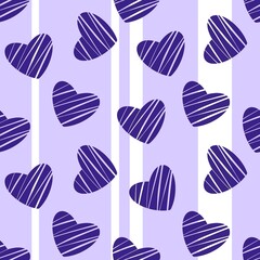 Lilac heart on stripe background seamless pattern, Heart confetti pattern