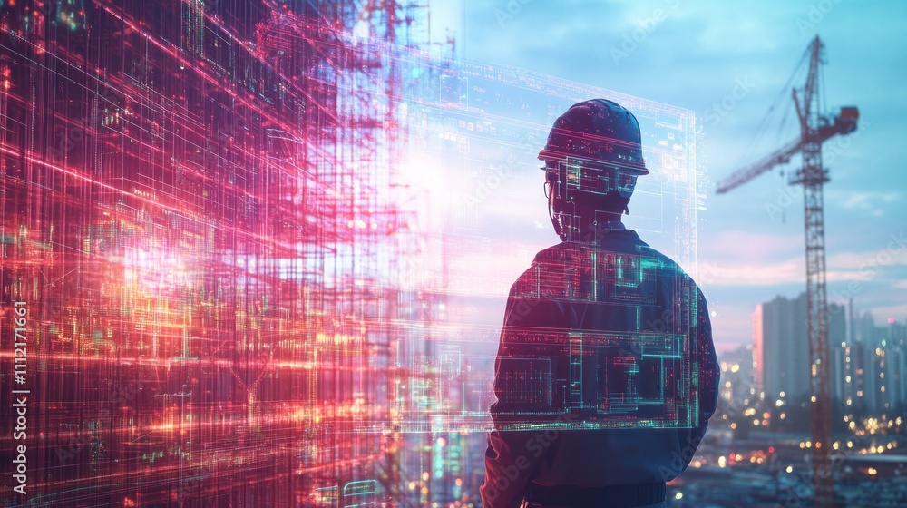 Poster future building construction and inventive engineering project concept with hud hologram graphic des