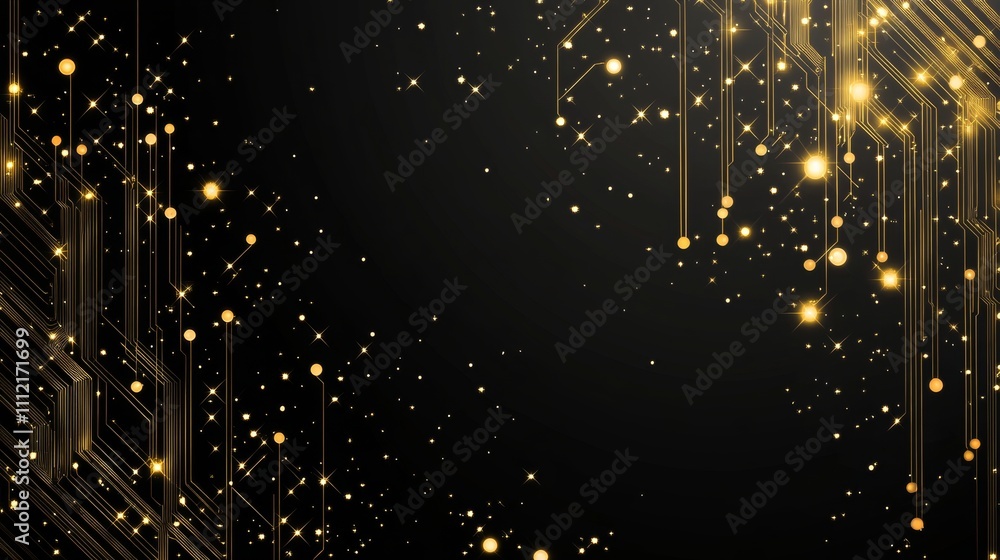 Poster abstract golden circuit board design with intertwined lines and glowing nodes on black background