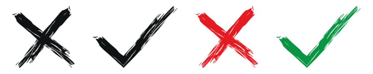 Hand-drawn check mark, x mark symbol icons set with brush stroke.