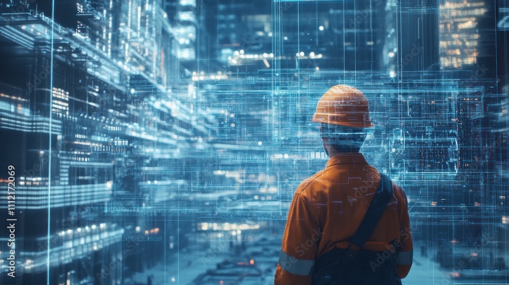 Poster future building construction and inventive engineering project concept with hud hologram graphic des