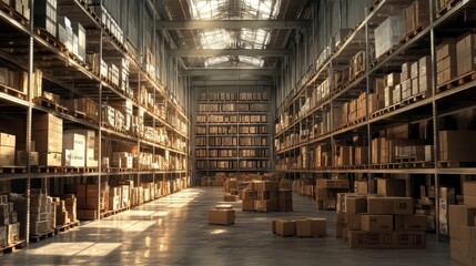 Fototapeta premium A digital art masterpiece of an expansive warehouse interior with towering shelves and precisely arranged cardboard boxesdcc5259a29d0