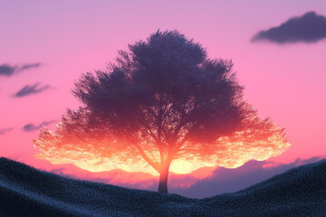 a tree with a pink sky in the background
