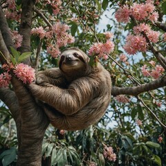 A sloth hanging from a magical tree with multicolored blossoms.

