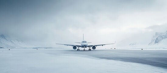 Modern airplane on a snow-covered runway under a dramatic cloudy sky, showcasing aviation in extreme weather conditions, serene white landscape in winter scenery