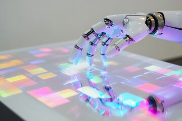 Robotic hand interacting with a touchscreen displaying colorful holographic squares. Futuristic technology and AI innovation concept.