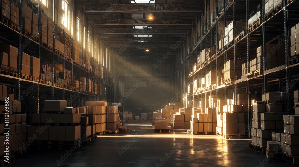 Poster a hyper-realistic warehouse interior with orderly rows of shelves packed with boxes and a pristine i