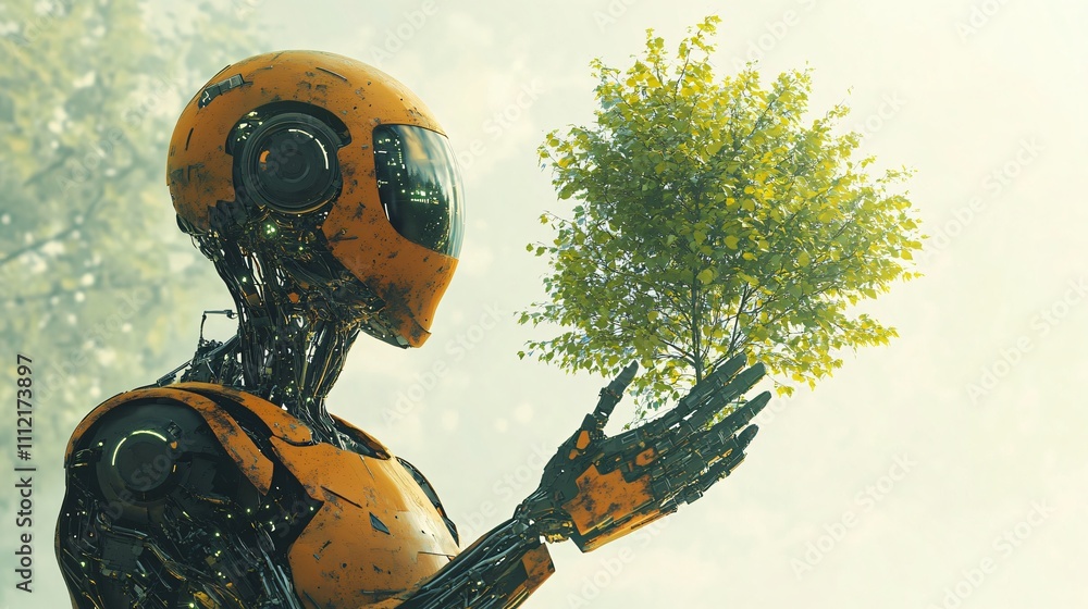 Poster orange humanoid robot holding a small green tree, representing ai connection with the environment. f