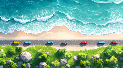 Top view of road running along sea coast. Vector cartoon illustration of trucks and autos seen from above riding coastline highway on summer day, rocky stones on green lawn, blue water washing shore 