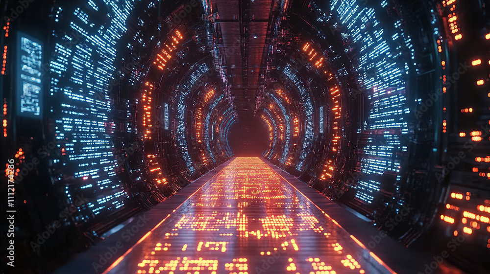 Aufkleber high-tech corridor illuminated by blue and orange lights showcases futuristic design and digital pat