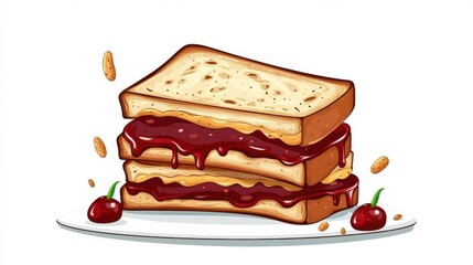 Delectable Homemade Sandwich with Cherries and Jam on Plate