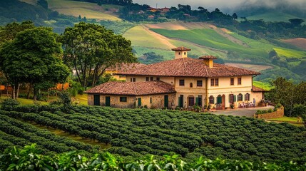 Naklejka premium Serene Scenic View of Vineyard Estate Surrounded by Lush Nature