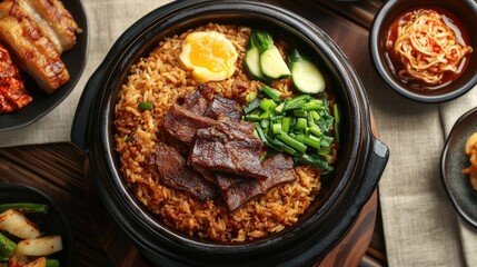 Fototapeta premium Delicious Korean Beef Rice Bowl with Vegetables and Egg