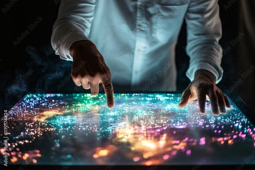 Aufkleber hands navigating colorful holographic interface with glowing data visuals on a touchscreen table. fu