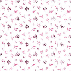 Seamless pattern with tiny leaves and berries; watercolor illustration isolated on white. Simple and elegant design for fabric, textile, wallpaper, wrapping paper and more