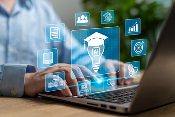 AI Artificial Intelligence learning and skill development concept, Businessman use technology to...