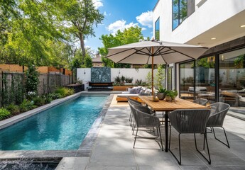 Fototapeta premium Modern Outdoor Patio with Swimming Pool and Sunny Sky Highlighting Relaxation and Comfort in a Contemporary Backyard Setting