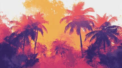 Tropical summer background with palm trees and sunset sky pink purple orange colors, white background summer travel poster design Generative


