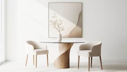 Fototapeta premium modern circular dining table with glass surface, surrounded by stylish chairs, creates serene dining space. minimalist decor and soft colors enhance tranquil atmosphere