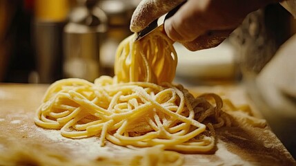 Freshly Made Pasta Twirling on Wooden Surface with Flour Dust