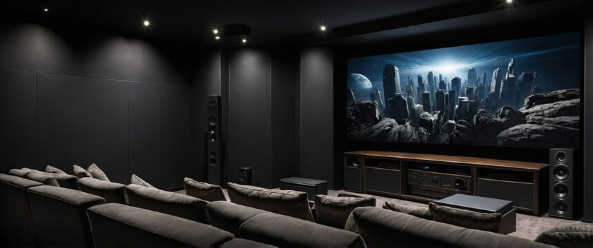 A modern home theater setup featuring a sleek black design and premium audio system