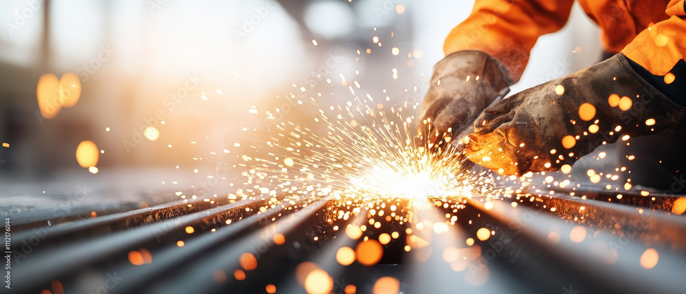 Aufkleber construction worker focused on welding, creating sparks and light. scene captures intensity and prec
