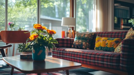 A nostalgic 60s family room with a plaid couch, vibrant potted flowers on a mid-century coffee table, and soft natural lighting