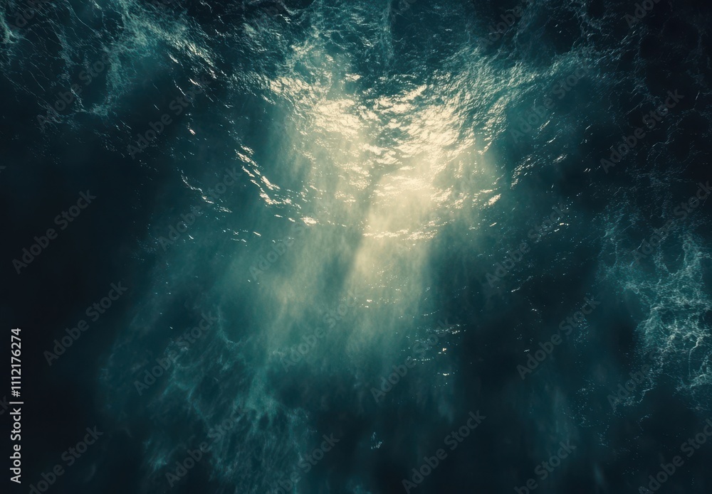 Poster Mysterious Underwater Scene with Soft Light Filtering Through Water Surface and Swirling Patterns Creating an Enigmatic Atmosphere
