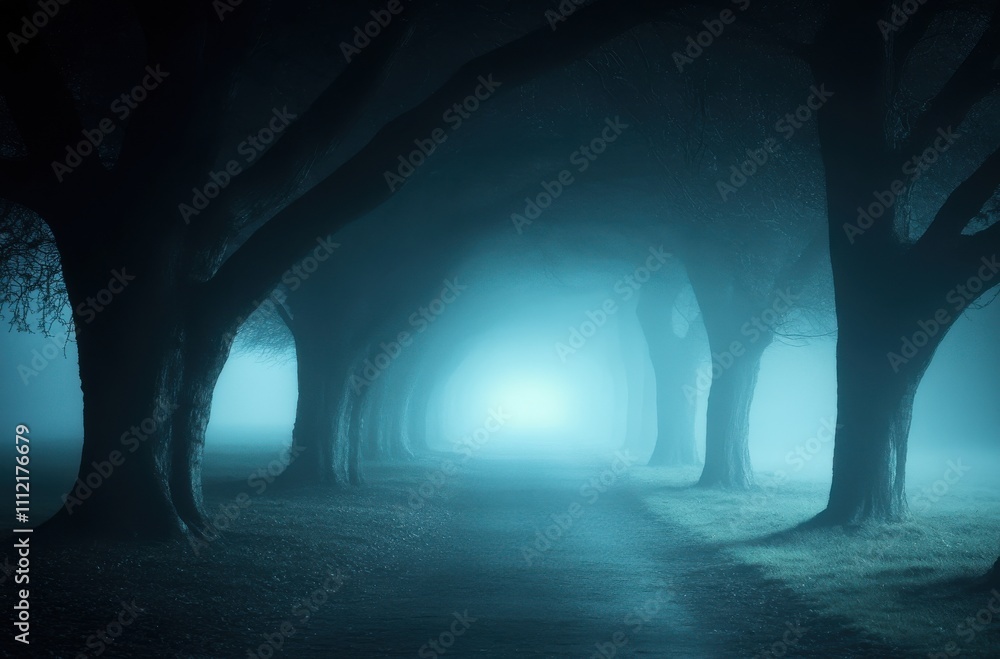 Poster mystical foggy pathway surrounded by lush trees in a serene forest at dusk with a mysterious light p
