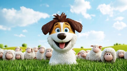 Adorable Puppy Frolicking Amongst Fluffy Sheep in Lush Green Meadow Under Sunny Skies