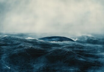 Naklejka premium Mystical Ocean Scene with Whale Fin Breaking Through Rough Waters Under a Cloudy Sky, Evoking a Sense of Adventure and Nature's Power in a Dramatic Atmosphere