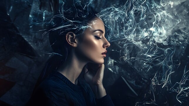Mystical portrait of a pensive woman surrounded by ethereal smoke.