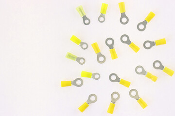 Copper pin colored insulated tips. Close-up. Soft focus.