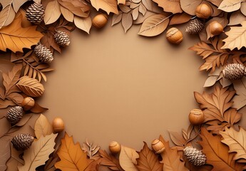 Ornate Autumn Leaves and Pine Cones in Warm Tones Framing a Blank Center for Seasonal or Nature-Themed Designs and Backgrounds