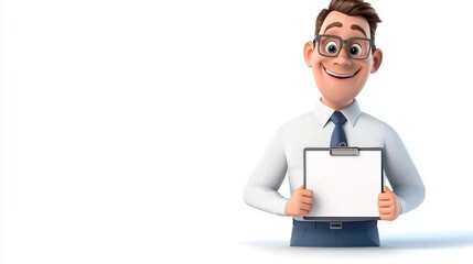 Smiling Confident Businessman Holding Clipboard in Office Desk with Laptop