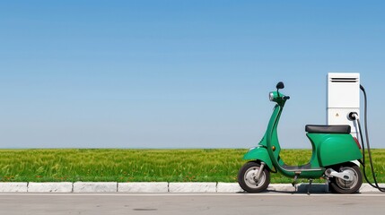 Fototapeta premium Battery replacement restores energy. Eco-friendly scooter at charging station